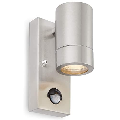 Image of National Lighting PIR Outside Lights - Outdoor Security Lights - Brushed Stainless Steel Motion Sensor Presence Detector External Lantern Light - IP44 Rated 7W 240V LED GU10 Lamp (Not Included)