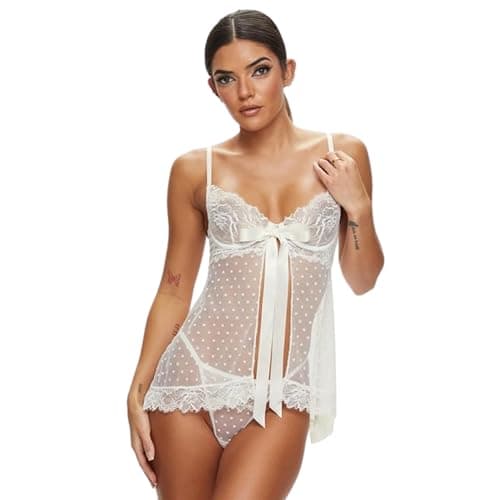 Image of Ann Summers Bridal Bon Bon Babydoll Set – Babydoll Lingerie for Women with Matching Thong, Underwired Cups, Satin Bow & Front Fastening - Genuine Womens Bridal Lingerie Set Ivory