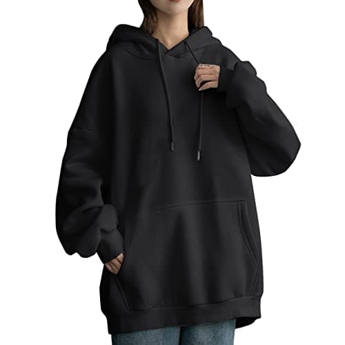 Image of Hoodie Women's Oversized Hoodie Large Sizes Cotton Sweatshirt Teenager Girls Winter Warm Long Sleeve Pullover Plain Basic Long Sleeve Shirt Hoodies with Pocket Harajuku Streetwear Jumper Tops, black