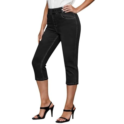 Image of Women's Casual Jeans Black High Waisted Frayed Raw Hem Jeans UK 14 Baggy Slim Fit Stretchy Jean Leggings with Pockets Ladies Fashion Summer Denim Leggings Trendy 2026 Holiday Outfits