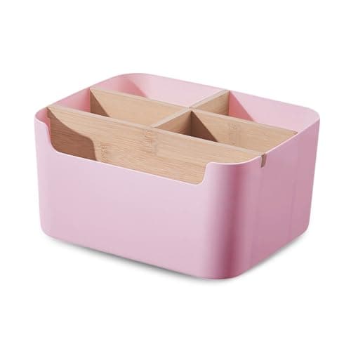 Image of EAZHOP 5 Compartment Desk Organiser Wooden Desktop Storage Box with Removable Dividers, Multifunctional Square Office Organizer for Remote Controls, Pens, Makeup, Stationery (Pink)