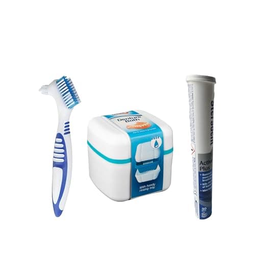 Image of Denture Cleaning Tablets Active Plus with Denture Bath and Denture Brush Includes Denture Cleaning Tips