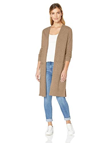 Image of Amazon Essentials Women's Lightweight Longline Open-Front Long Sleeve Cardigan (Available in Plus Size), Camel Heather, M