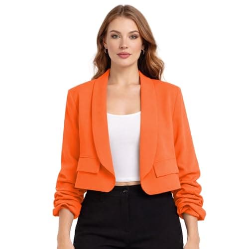 Image of janisramone® Elegant Plain Cropped Blazers for Women UK, Ruched Sleeve Lined Women's Jackets Crop Top, Stylish Open Collared Casual Party Office Wear Cropped Cardigan Womens Blazer Orange