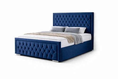 Image of Plush Buttoned Bed Frame with 46-Inch Headboard, 4 Storage Drawers, Contemporary Design, Small Double, Upholstered Velvet Finish (Blue, 4ft6)