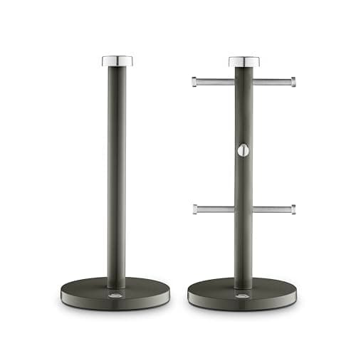 Image of Swan Townhouse Kitchen Towel Pole and 6 Mug Tree Set with Colour Coated Iron, Chrome Accents and Weighted Bases, Graphite Grey