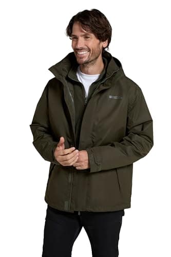 Image of Mountain Warehouse Fell Mens 3 in 1 Water Resistant Jacket - Adjustable Coat, Packaway Hood, Detachable Inner Fleece, Many Pockets - Spring Summer, Outdoors Dark Khaki XL