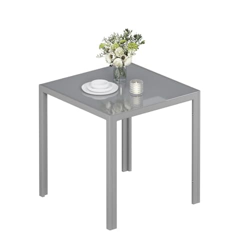 Image of Jooli H Glass Dining Table, 75cm Square Kitchen Table with Tempered Glass Top and Metal Frame for Dining Room Meeting Room, Grey