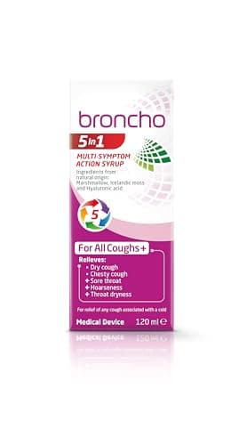 Image of Broncho 5in1 Multi-Symptom Action Syrup (120ml) relieves all coughs and sore throat associated with a cold. Alcohol and sugar free.