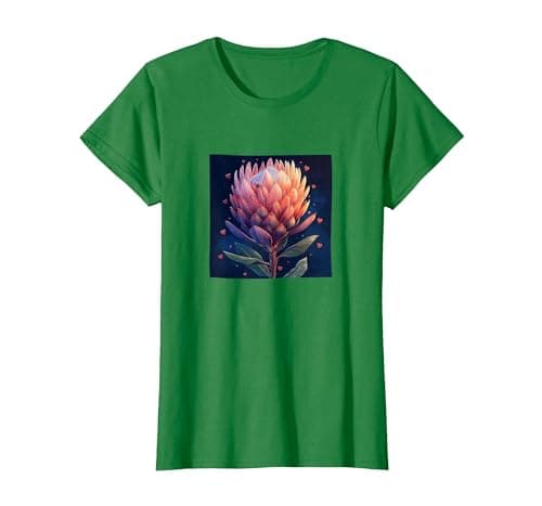 Image of Protea Flowers and Hearts Boho Style Graphic T-Shirt, Women, Kelly Green, Large