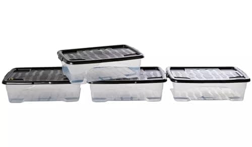 Image of Strata 4 x 30 Litres Curve Plastic Stackable Storage Box & Lid with clip-on lids, Multi storage box for home and office storage solution - Clear/Black Lid