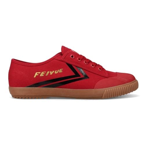 Image of Feiyue Fe Lo 1920 Gum Grounded Suede Sneaker - Classic Low-Top Unisex Trainers with Gum Sole (Haute Red/Black/Gold Metallic, UK Footwear Size System, Adult, Men, Numeric, Medium, 10)