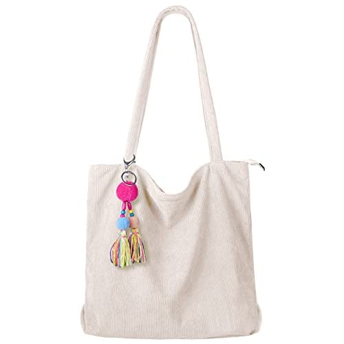 Image of FITDON Corduroy Totes Bag with Zip, Shoulder Bags Handbags Women's Hobos Large Capacity Shopping Bag with Inner Pocket for Work School Beach Travel, Beige