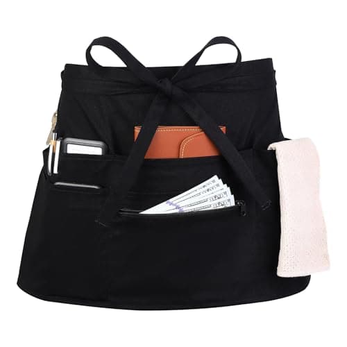 Image of saerryor Black Waist Apron with 8 Pockets, Adjustable Server Aprons, Cotton Waitress Apron for Waiter Chef Women Men Cooking Baking