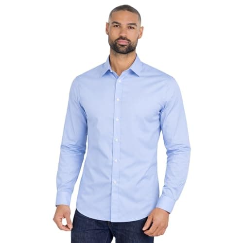 Image of Mens Long Sleeve Shirt Tailored Fit Easy Iron Collared Button Up Poplin Smart Casual Business Wedding Office Shirt (Light Blue, 15.5)