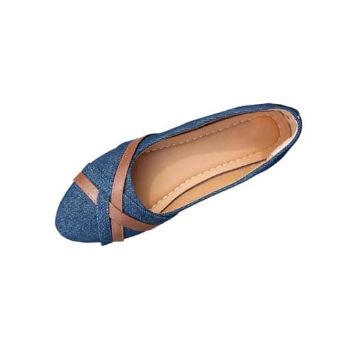 Image of Denim Flat Shoes for Women UK, Elegant Strappy Sandals Ladies Color Matching Comfort Loafers Denim Platform Shoes Casual Shallow Cut Pointed Shoe Summer Wide Fit Footwear Walking Workwear Sandal