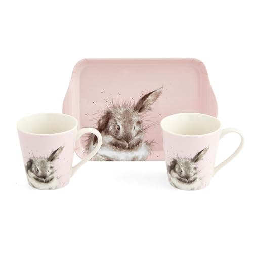 Image of Royal Worcester x Wrendale Designs Mug and Tray Set - Porcelain & Melamine, Perfect for Tea or Coffee Time with Your Partner, Bathtime Rabbit Pink Design