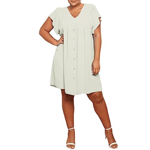 Image of FAIRY TRENDZ Womens Short Sleeve Italian Front Button Dress Ladies V Neck Frill Oversized Plus Size Smock Dress One Size Fit UK 8-26 White