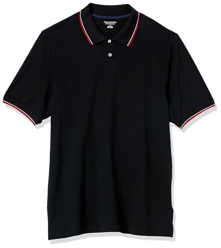 Image of Amazon Essentials Men's Regular-Fit Short-Sleeve Cotton Piqué Polo Shirt (Available in Big and Tall), Black Red White Thin Stripe, XL