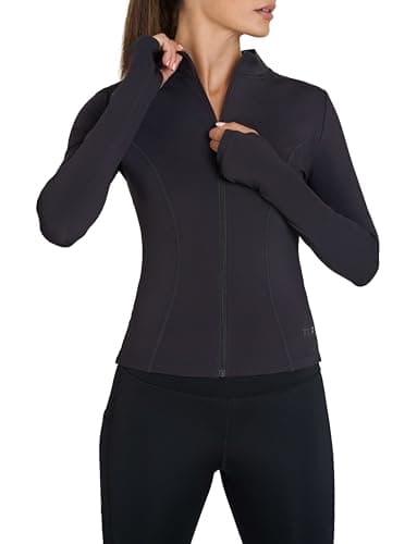 Image of TCA Women’s Running Jacket – Long Sleeve Gym Tops Women, Full Zip Sports Jacket, Lightweight Gym Jackets Women - Black Stealth, M