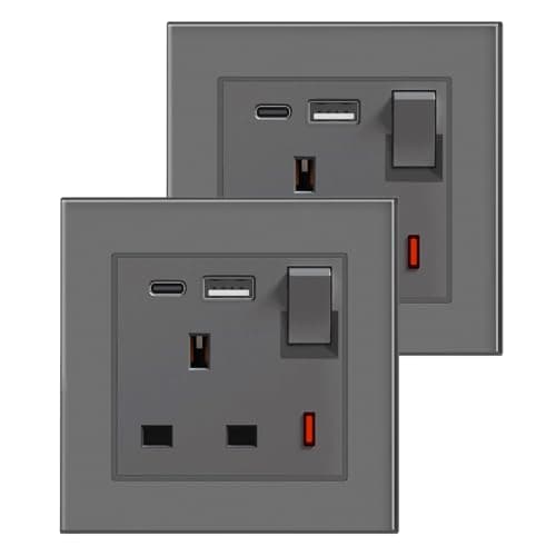 Image of BSEED Single Socket 13A with USB A and USB C 18W, Single Plug Socket 1 Gang UK Standard, Switched Outlet with Glass Panel, Electric Power Outlet Grey, 2 Pack