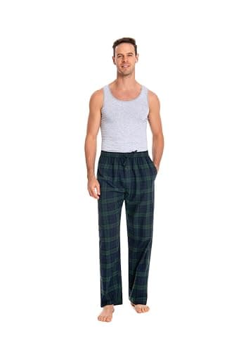 Image of JTPW Men's 100% Cotton Flannel Sleep Pajama Pants With Pockets, Navy Green Plaid, Size: L