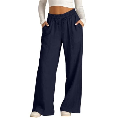 Image of Linen Wide Leg Trousers for Women UK Summer Loose Casual Fashion Beach High Waisted Trousers Vacation Lightweight Straight Leg Palazzo Pants with Pockets Drawstring Elastic Waist Comfy Pant Navy