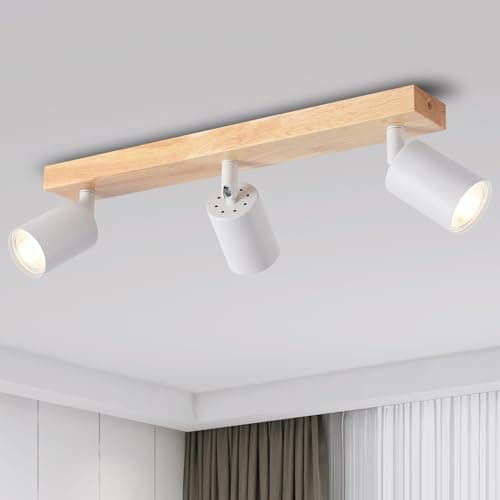 Image of ANWIO 3 White Spot Ceiling Lights,Wood Bedroom Kitchen Lights Ceiling,GU10 Industrial Hallway Ceiling Light Fitting,Spot Light Bar Indoor Adjustable Light Ceiling Spot Lamp(Bulbs Not Included)