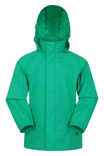 Image of Mountain Warehouse Pakka Kids Waterproof Jacket - Wind Resistant, Lightweight,Breathable Rain Coat for Girls & Boys, Packaway Bag - For Rain, Spring Summer Green Kids Size 3-4 Years
