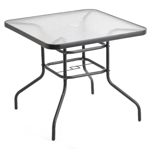 Image of URBNLIVING 80cm Square Tempered Glass Outdoor Patio Bistro Table, Black Metal Frame, Garden Dining Table with Central Parasol Hole, Modern Furniture Ideal for Balcony, Deck, Terrace, Backyard or Lawn