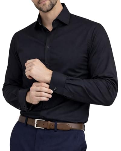 Image of Men's Plain Dress Shirts,Long Sleeve,Double French Cuff with Cufflinks Included,Regular Fit, 14 Colours, Business Wedding Work Shirt by Janeo British Apparel. Black, 15.5 inches