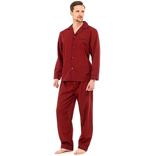 Image of Mens Traditional Pyjamas 2 Piece Set Classic Style Poly Cotton PJs Nightwear Sleepwear Lounge Wear Suit Button Up Long Sleeve Shirt Tops Pants Trousers Elasticated Waist Comfortable Lightweight Wine L