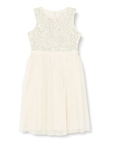 Image of Maya Deluxe Midi Dress for Girls Sequins Embellished Party Tutu Bridesmaids Wedding with Belt Bow Ivory Size 5-6 Years