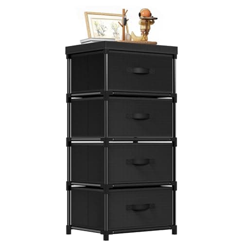 Image of Mavivegue Fabric Chest of Drawers with 4 Fabric Drawers Bedroom, Storage Unit, Sturdy Steel Frame, Non-Woven Fabric, Suitable for Any Storage Scenario, Living Room, Hallway, Office, Black
