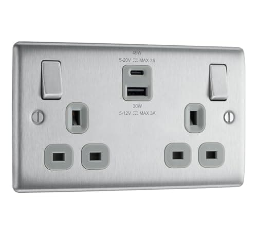 Image of BG Electrical 45W Double Switched Wall Plug Socket with Super Fast Charge Type A & C USB Ports, Nexus Metal, Brushed Steel, Grey Inserts, 13A, NBS22UAC45G