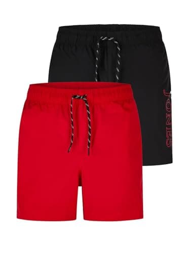 Image of JACK & JONES JPSTMAUI Men's Long Regular Fit Swimming Shorts Pack of 2 Swim Mix Shorts Black Blue Green Orange Red S M L XL XXL 3XL, pack 1 (true red), 3XL