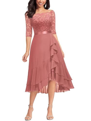 Image of MIUSOL Women's Elegant Lace Chiffon 2/3 Sleeve Off-Shoulder Cocktail Ball Bridesmaid Patry Swing Midi Dress (Large, Double Hem-Dusty Pink)