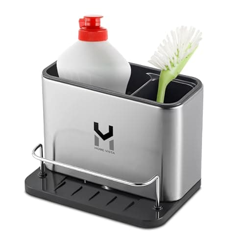 Image of Home Vista Kitchen Sink Caddy with Removable Drip-Steel Sink Tidy Organiser-Sponge Holder for Kitchen Sinks Surface-No Drilling Rustproof Washing Up Organizer for Spoons and More