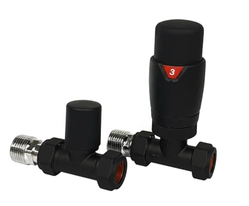 Image of Greened House Oslo Black Straight Designer TRV Thermostatic Radiator & Towel Rail Valve Oslo Straight Black TRV and Lock Shield Valve Set 1/2" - 15mm