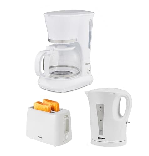 Image of GEEPAS 1.5L Filter Coffee Machine, 1.7L Electric Kettle & 2 Slice Toaster Combo Set | 800W Coffee Maker for Instant Coffee Espresso | 2200W Cordless Jug Kettle Auto Shut Off | 650W Toaster, White