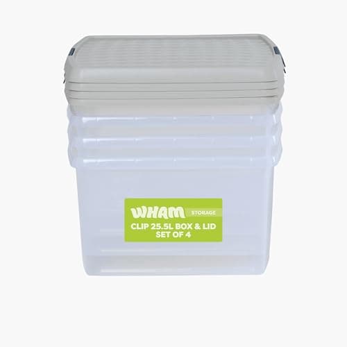 Image of Wham Clip 4 x 25.5L Square Stackable Plastic Storage Boxes with Lids | Ideal for Home, Office, Toys & More | Storage Containers with Clip Locks | Made in UK - Clear/Stone