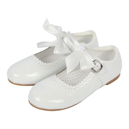 Image of A2Z 4 Kids Girls Toddler School Shoes with Removable Bow Patent Leather - Shoes Bowtique White 4 UK