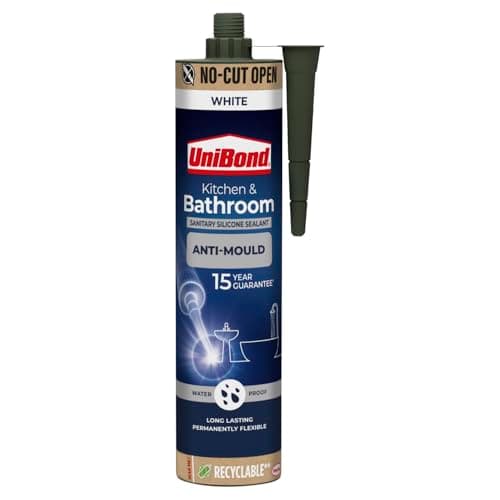 Image of UniBond Anti-Mould Kitchen & Bathroom Sealant White, Waterproof Silicone for Baths, Showers & Sinks, High Strength Flexible Seal, Mould-Resistant & Long-Lasting Finish, 280 ml Cartridge