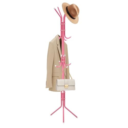 Image of GREENSAPPIRE Coat Rack with 12 Hooks - 3 Tier Freestanding Metal Hanger Clothes Stand - Multifunctional Handbag Jacket Corner Coat Rack for Living Room Bedroom Corridor (Pink)