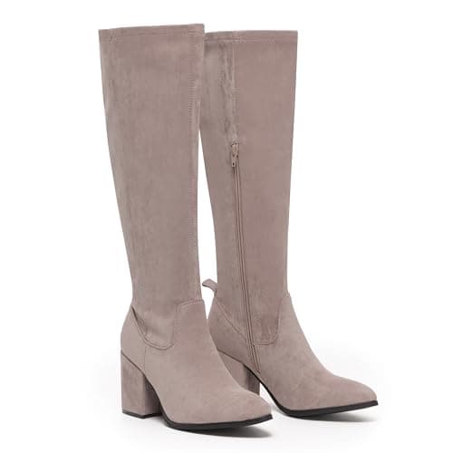 Image of VIVASHOES Women’s Knee High Heeled Boots – Faux Suede Long Boots with Chunky Heel & Side and Pull On Tab – Stylish Tall Winter Booties for Autumn & Winter Outfits - Taupe 5