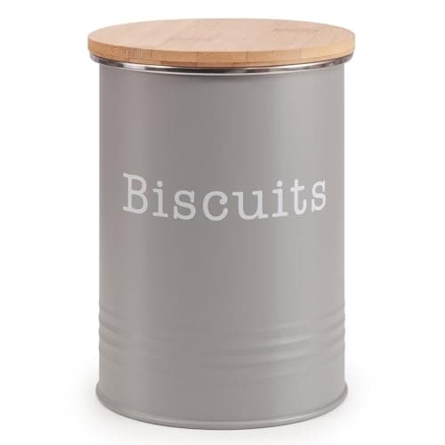 Image of EHC Round Enamel Airtight Seal Cookie/Biscuit Kitchen Storage Canister Jar With Wooden Lid, Grey