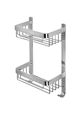 Image of Croydex Aluminium Large Two Tier Shower Caddy - Bathroom Storage Basket with Hooks, Rust-Free Chrome Bathroom Accessory - Wall Fixings, Plugs & Screws Included, 5kg Load Capacity