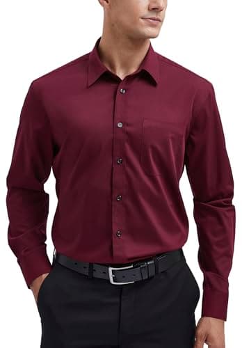 Image of HISDERN Men's Long Sleeve Burgundy Shirt Business Bamboo Fiber Dress Shirt Regular Fit Non Iron Shirt with Pocket,M