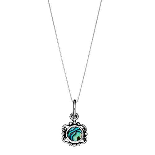 Image of 81stgeneration Sterling Silver Vintage-Style Filigree Frame Round Abalone Pendant Necklace for Women - Victorian-Inspired Floral Pendant - Paua Shell Design With Ornate Scrollwork - Boho Jewellery