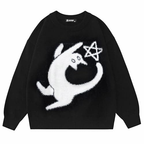 Image of Laixton Mens Graphic Sweater Unisex Long Sleeve Knit Oversized Sweater Aesthetic Streetwear Casual Sweaters Tunic Tops, Aesthetic Black, XS